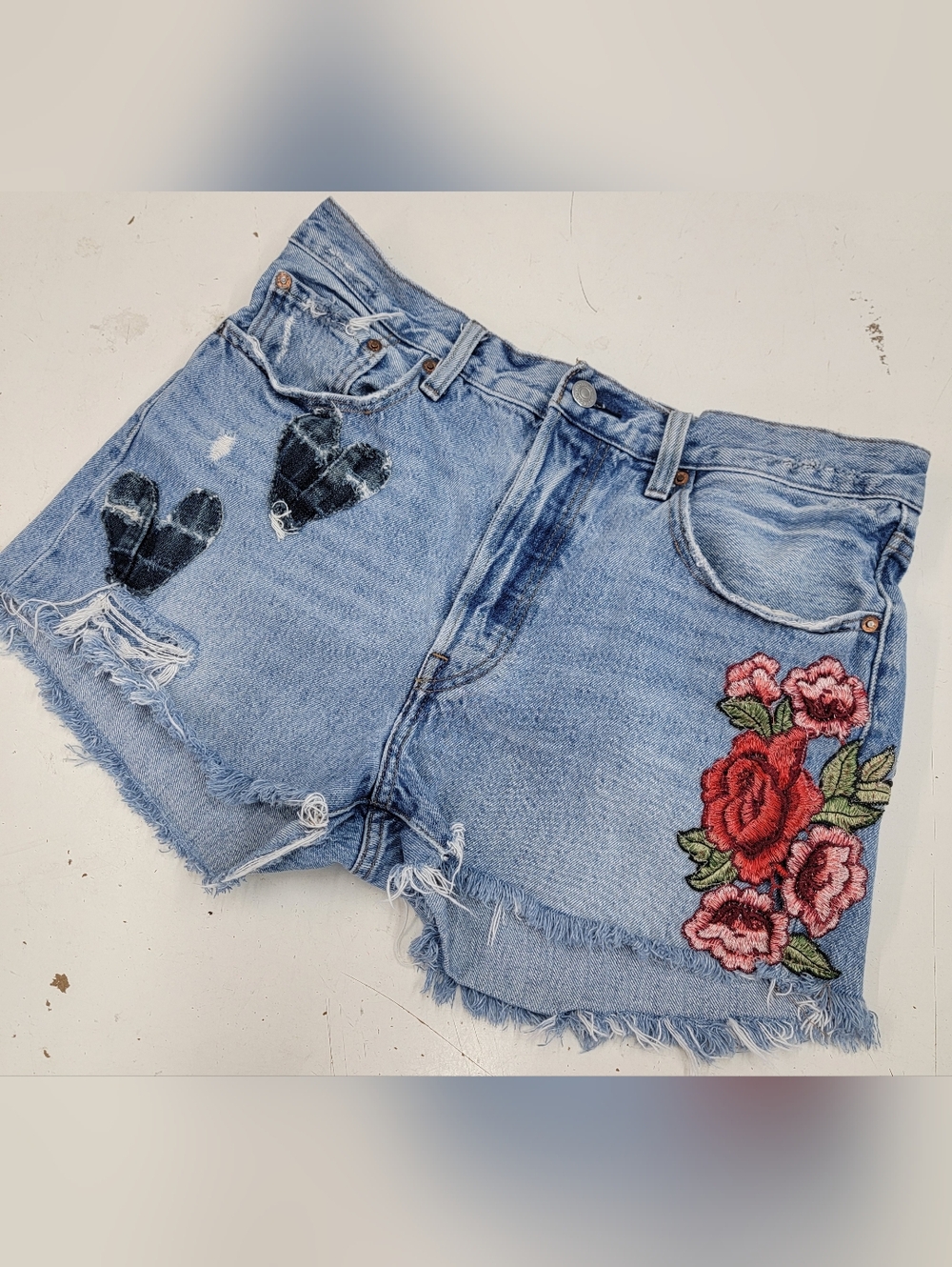 Levi's 501 Big E Jean Shorts With Embroidery & Patches Upcycled